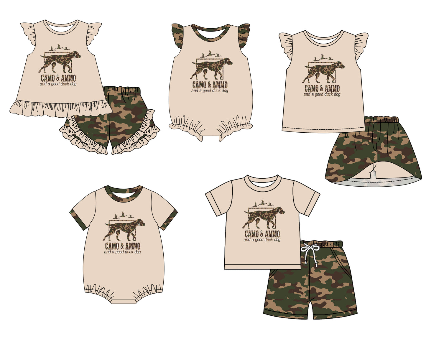 11.30 custom each style moq 5eta 4-6week Sibling Sister CAMO puppy baby girl short sleeve shorts sets and sets 2 and girls romper and boy romper and dress match design