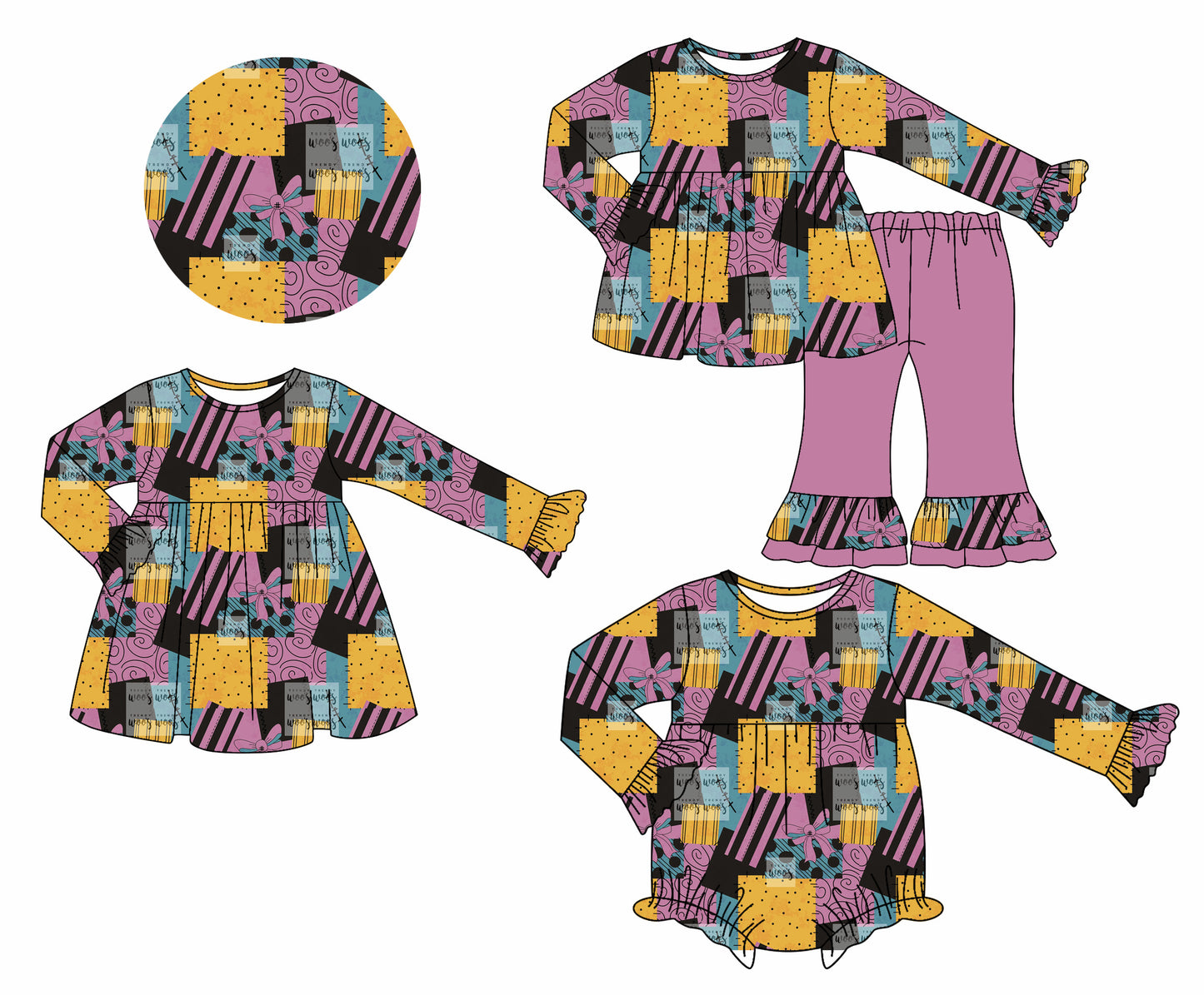 25.7.9 custom each style moq 5eta 4-6week Sibling Sisters baby girl long sleeve pants sets and dress and rompers match family design