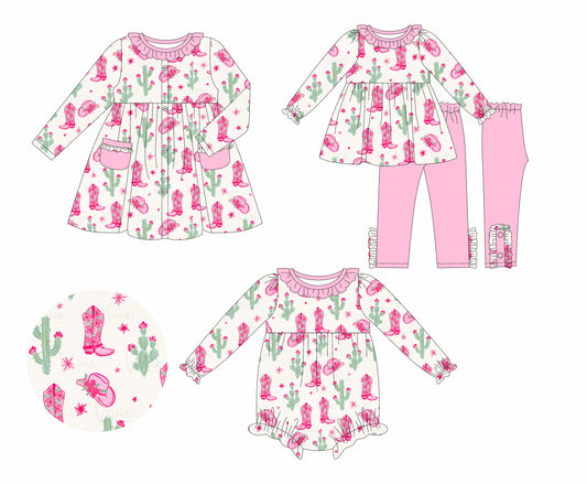 25.5.17 custom each style moq 5eta 4-6week Sibling Sisters boots hat catcus pink baby girl long sleeve pants sets and dress and rompers match family design