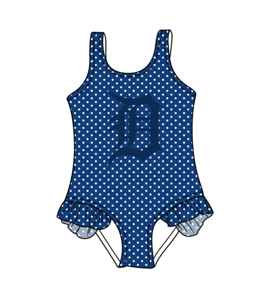 Custom moq 5 mix size milk silk summer teams Blue Baby Girl Sleeveless Polka Dot Lace Onesie Swimsuit Cute Summer Beachwear for Little Girls