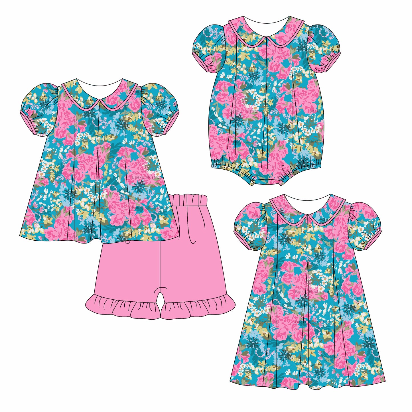 3.6 custom each style moq 5eta 4-6week Sibling Sisters floral baby girl short sleeve shorts sets and dress and rompers match family design