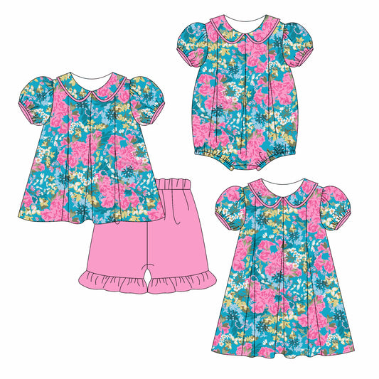 3.6 custom each style moq 5eta 4-6week Sibling Sisters floral baby girl short sleeve shorts sets and dress and rompers match family design