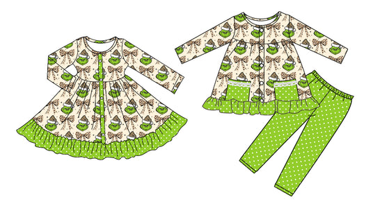 25.7.25 custom each style moq 5eta 4-6week Sibling Sisters Christmas green baby girl long sleeve pants sets and dress match family design