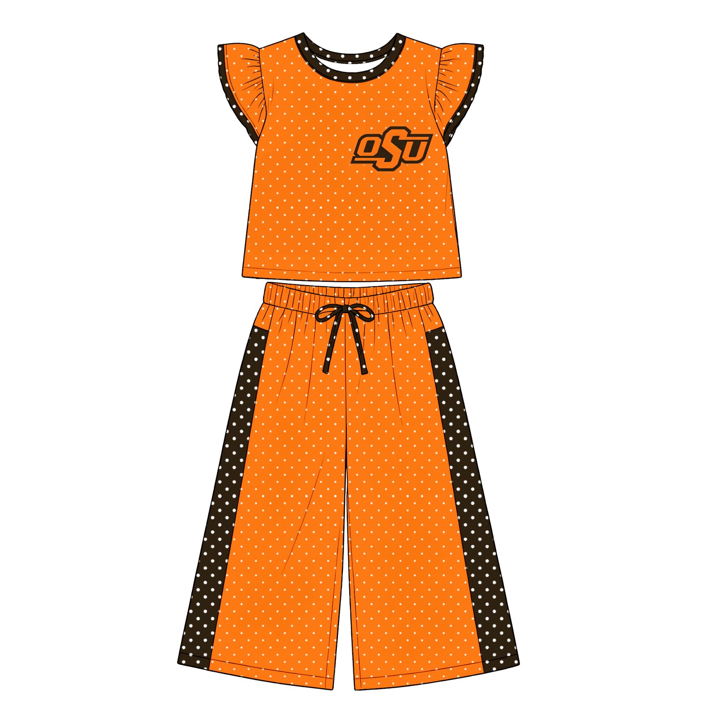 custom moq 5 mix size XRCXF071402 Baby Girls Polka Dot Print Flutter Sleeve Top Bell Bottom Flare Pants Team Clothes Set