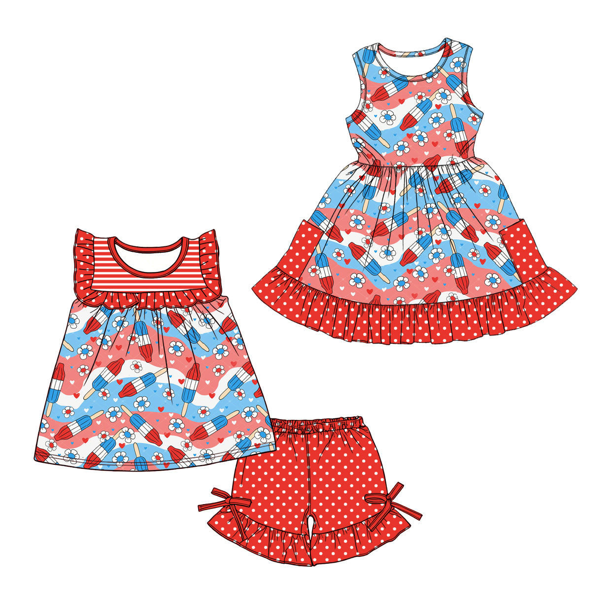 Custom moq 5 mix size Sibling Baby Girl's 4th of July red Short-Sleeved Top And Shorts Set Cute Dress for Summer
