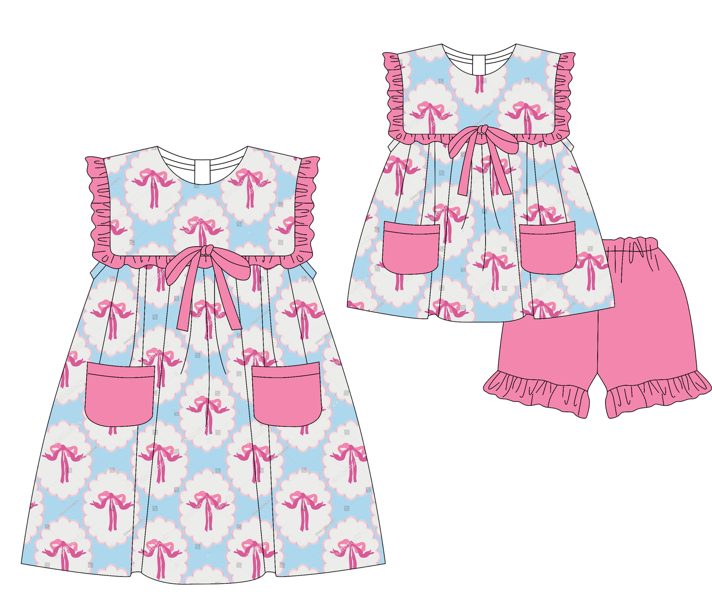3.5 custom each style moq 5eta 4-6week Sibling Sister bow baby girl short sleeve shorts sets and dresses match design