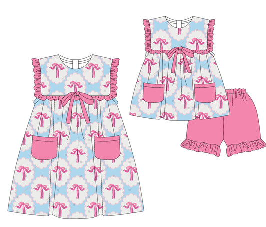 3.5 custom each style moq 5eta 4-6week Sibling Sister bow baby girl short sleeve shorts sets and dresses match design