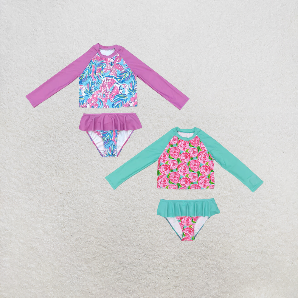 RTS NO MOQ Sibling Baby Girls Pink Flowers Long Sleeve Top Bummie Two Pieces Swimsuits