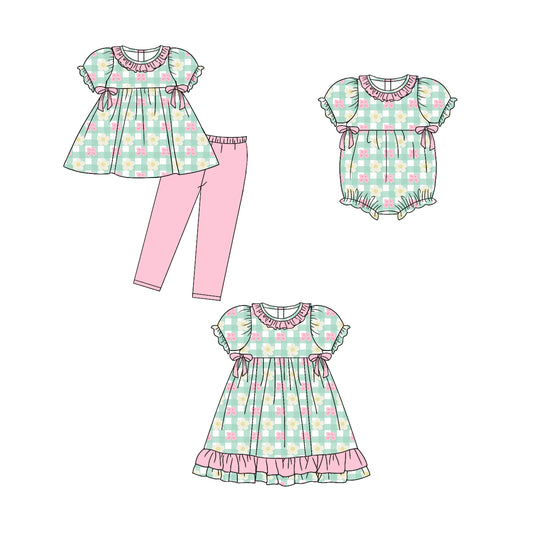 5.6 custom each style moq 5eta 4-6week Sibling Sisters bow floral baby girl short sleeve pants sets and dress and rompers match family design