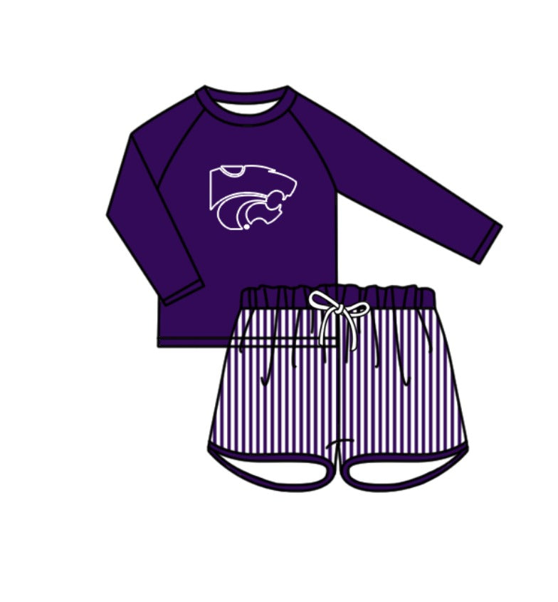 Custom moq 5 mix size milk silk summer teams baby girl boys clothes Purple Two-Piece Swimsuit Set One Piece Swimsuits boy swim trunks