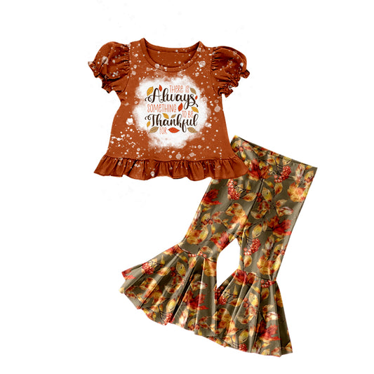 5.11custom each style moq 5eta 4-5week ALWAYS THANKFUL prints autumn leaf brown short sleeves paired with bell bottoms