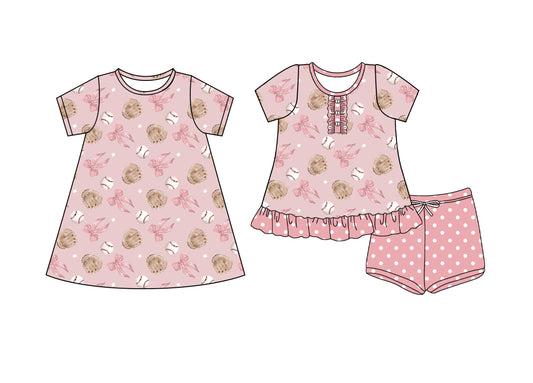 4.9 custom each style moq 5eta 4-6week Sibling Sister baseball bow baby girl short sleeve shorts sets and dresses match design