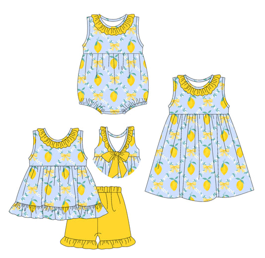 3.28 custom each style moq 5eta 4-6week Sibling Sisters lemon baby girl short sleeve shorts sets and dress and rompers match family design
