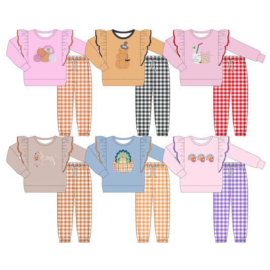25.6.5 custom each style moq 5eta 4-6week Sibling Sisters baby girl long sleeve pants sets 1 and sets 6 match family design