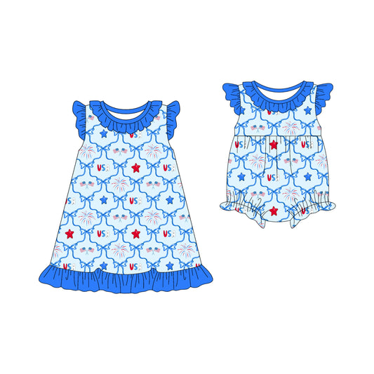 25.12.13 custom each style moq 5 eta 6-8week Sibling Sister flag USA bow baby short sleeve romper and dress match design