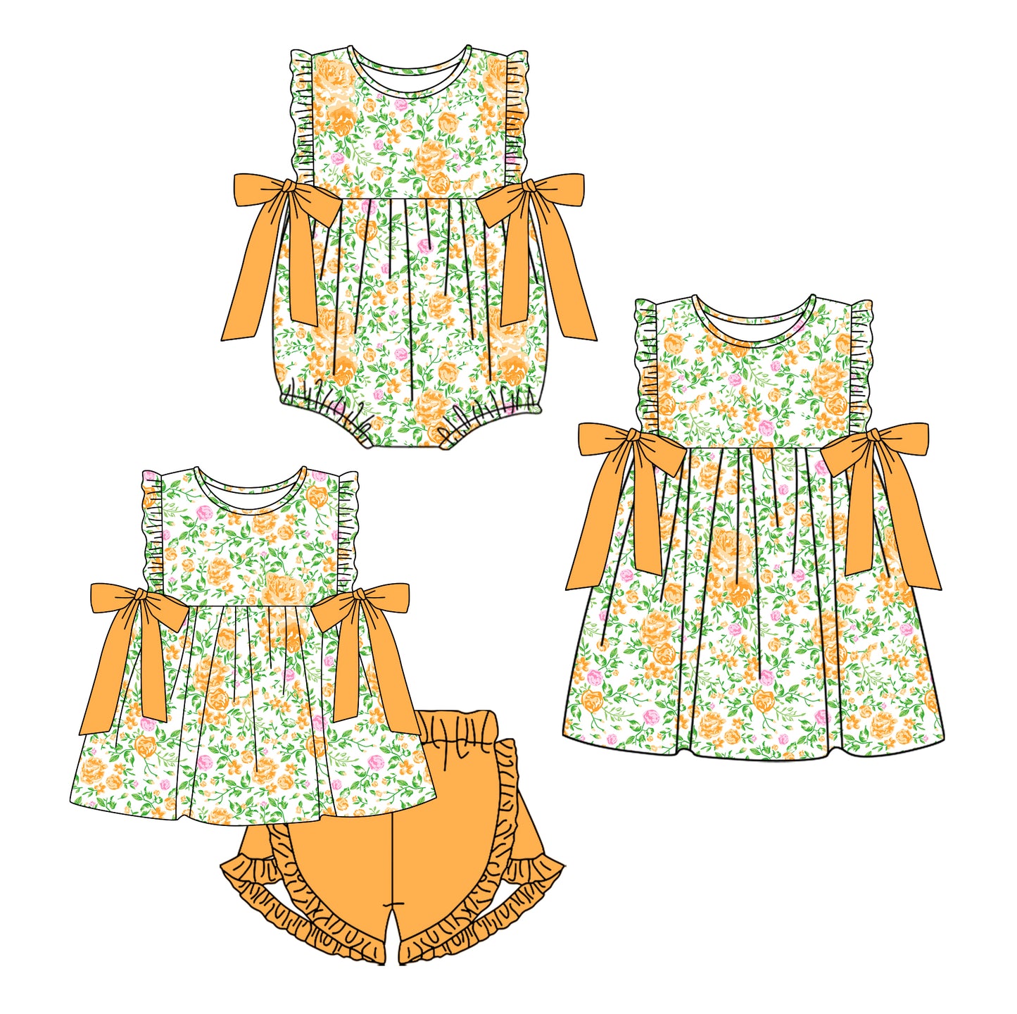 11.19 custom each style moq 5eta 4-6week Sibling Sister floral baby girl short sleeve shorts sets and dress and rompers match family design