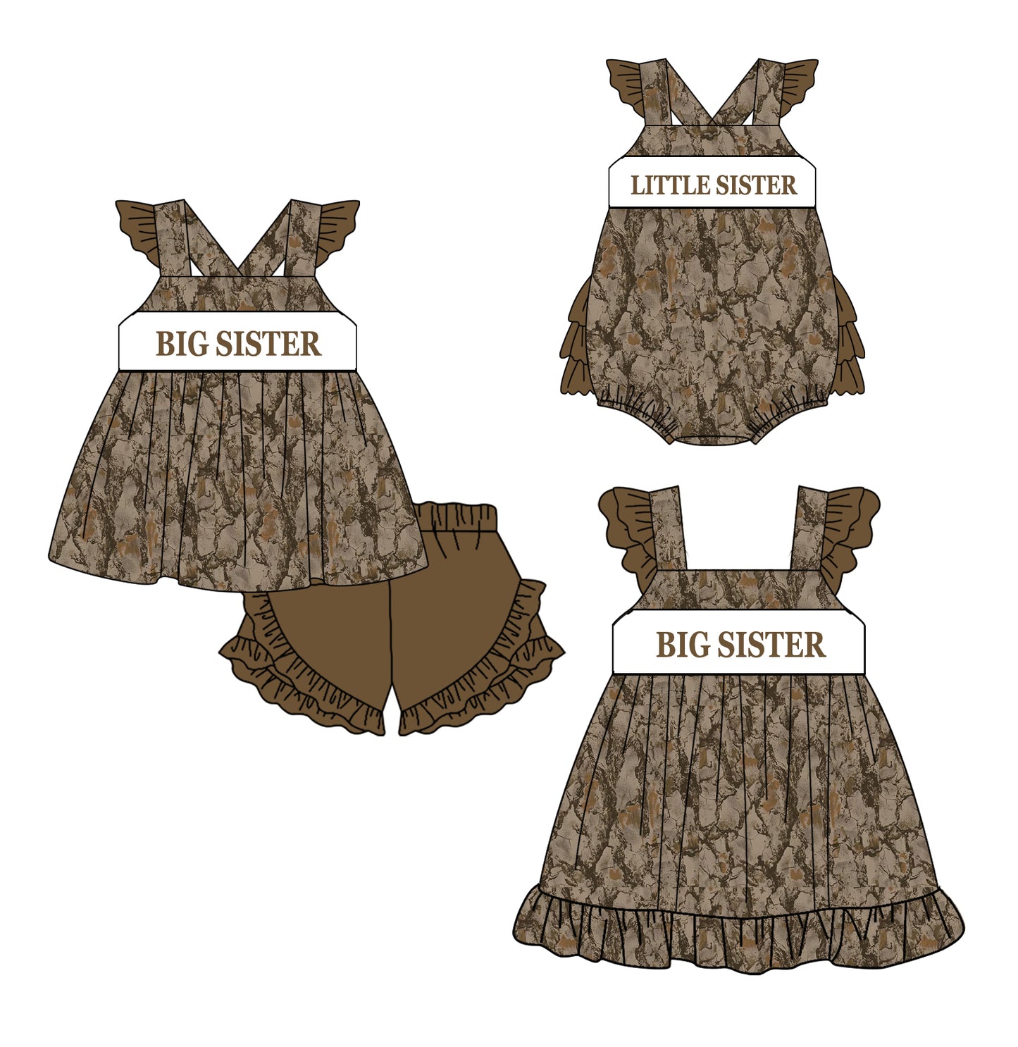 11.20 custom each style moq 5eta 4-6week Sibling Sister BIG SISTER camouflage baby girl short sleeve shorts sets and dress and rompers match family design