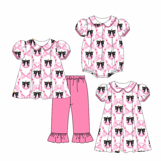 4.28 custom each style moq 5eta 4-6week Sibling Sisters bow pumpkin baby girl short sleeve pants sets and dress and romper match family design