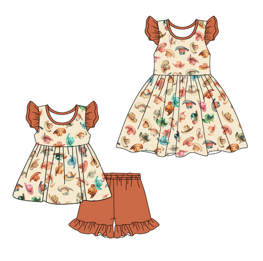 12.28 custom each style moq 5eta 4-6week Sibling Sister hats baby girl short sleeve shorts sets and dresses match design