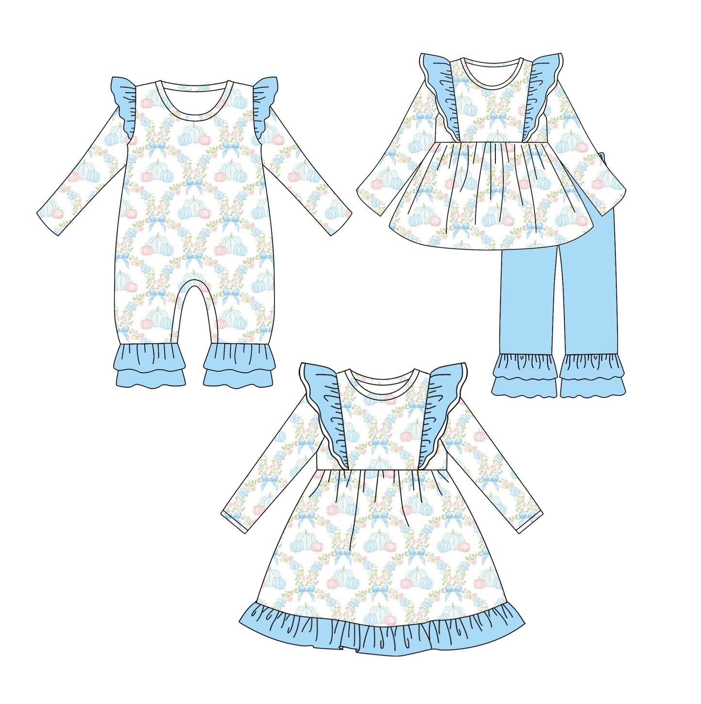 25.6.18 custom each style moq 5eta 4-6week Sibling Sisters pumpkin floral bow baby girl long sleeve pants sets and dress and rompers match family design