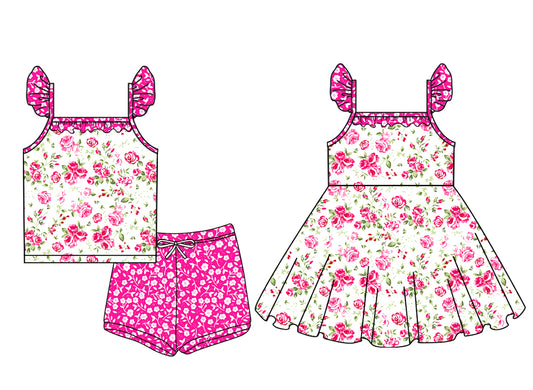 3.20 custom each style moq 5eta 4-6week Sibling Sister floral baby girl short sleeve shorts sets and dresses match design