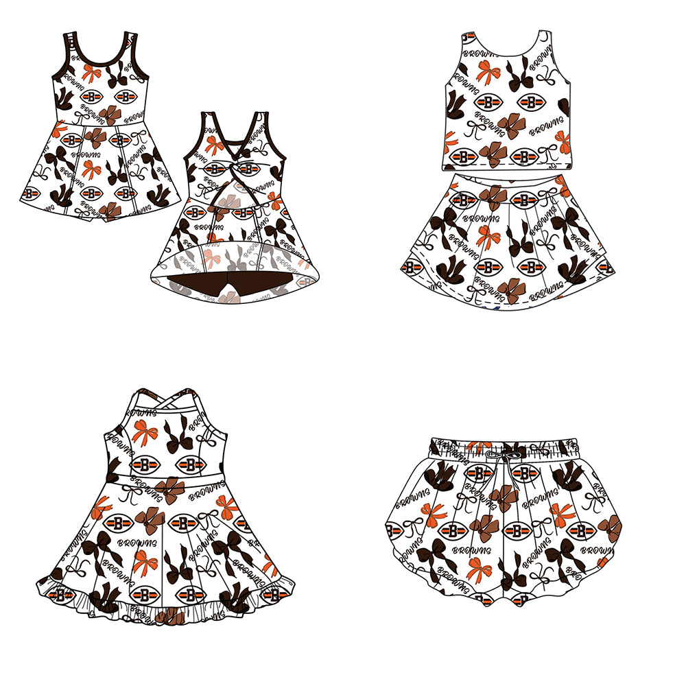 Custom moq 5 mix size milk silk summer teams Baby Girls Brown Orange Bow Vest Top Skirt Shorts Sets Sleeveless Knee Length Dresses Yoga Shorts Active Outfit