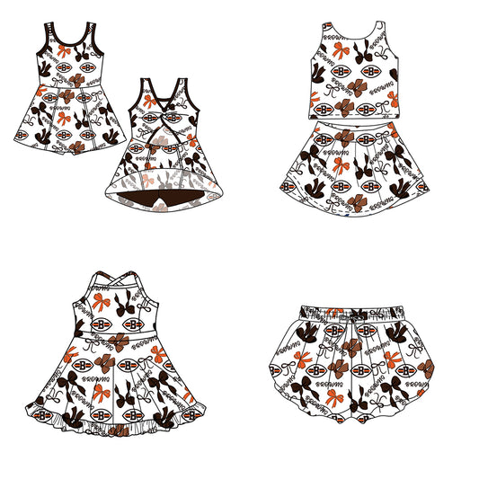 Custom moq 5 mix size milk silk summer teams Baby Girls Brown Orange Bow Vest Top Skirt Shorts Sets Sleeveless Knee Length Dresses Yoga Shorts Active Outfit