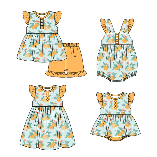 11.16 custom each style moq 5eta 4-6week Sibling Sister orange baby girl short sleeve shorts sets and girls romper and boy romper and dress match design