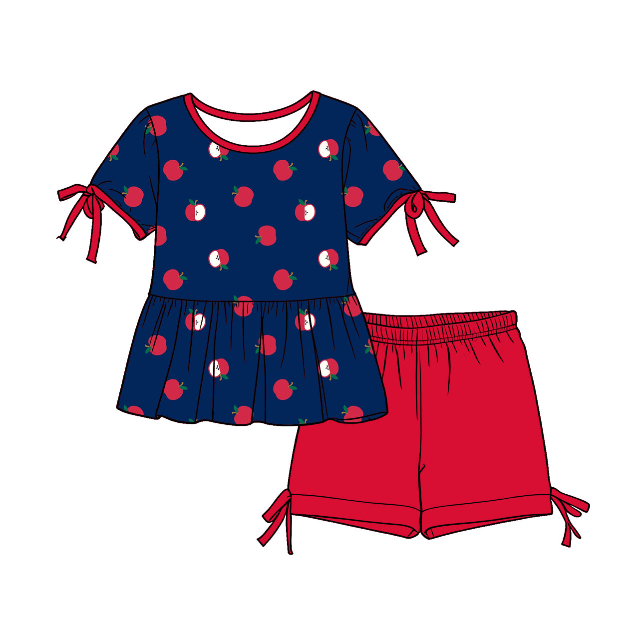 Custom moq 5 mix size Baby Girl Back To School Short-Sleeved Top And Red  Shorts Set Cute And Comfortable Clothing