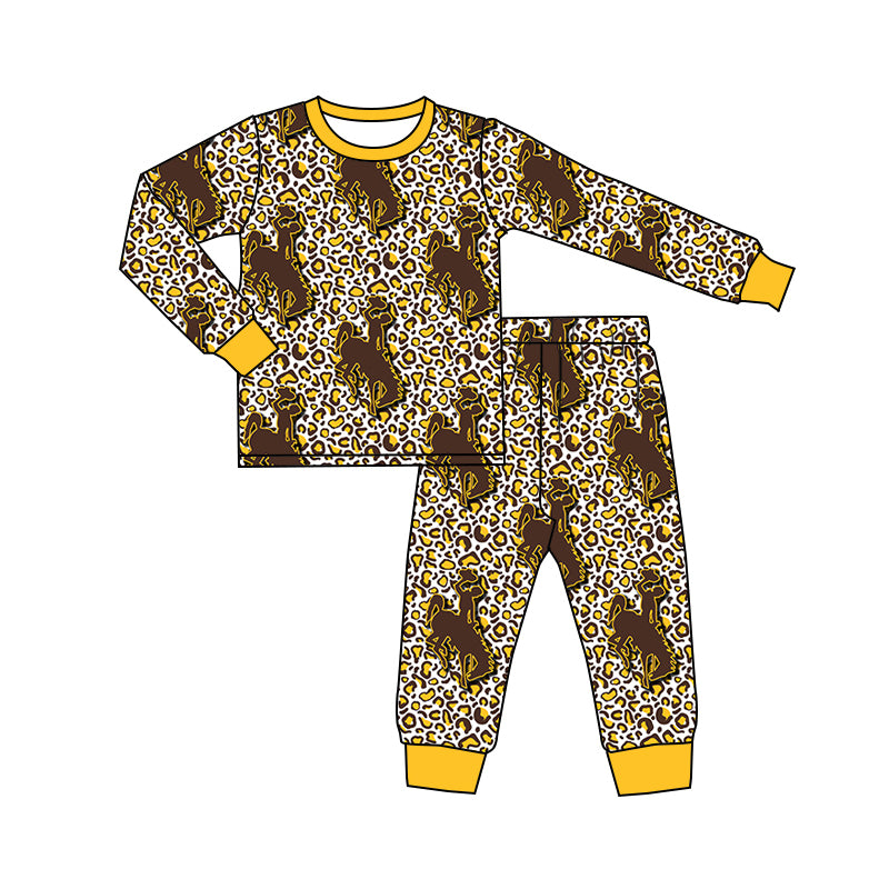 10.22 custom each style moq 5eta 4-6week Sibling leopard riding horse yellow baby girls sets and rompers match family design