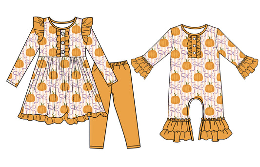 25.7.7 custom each style moq 5eta 4-6week Sibling Sisters pumpkin bow baby girl long sleeve pants sets and rompers match family design