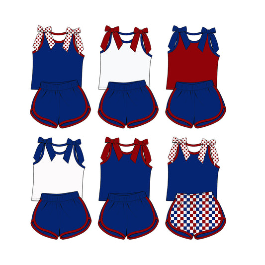 custom moq 5 mix size Baby Girls Blue Bow Sleeveless Top Shorts Summer Casual Clothes Set