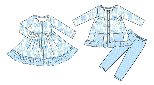 25.8.16 custom each style moq 5eta 4-6week Sibling Sisters bow blue baby girl long sleeve pants sets and dress match family design