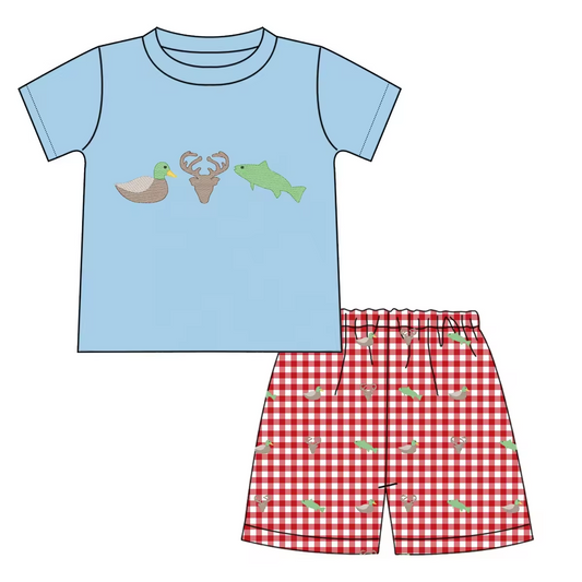 5.21custom each style moq 5eta 4-5week Sibling Sister Duck Head Fish print red plaid blue boys outfits