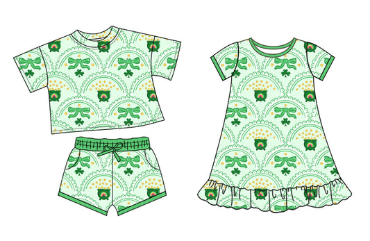 25.10.10 custom each style moq 5 eta 6-8week Sibling Sister bow green baby girl short sleeve shorts sets and dress match design
