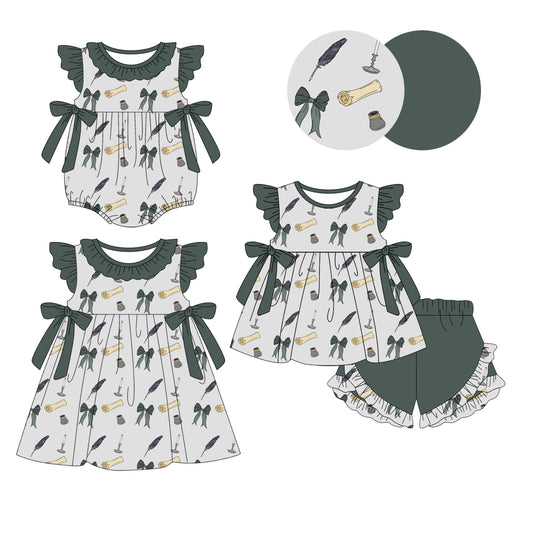 3.7 custom each style moq 5eta 4-6week Sibling Sisters bow baby girl short sleeve shorts sets and dress and rompers match family design
