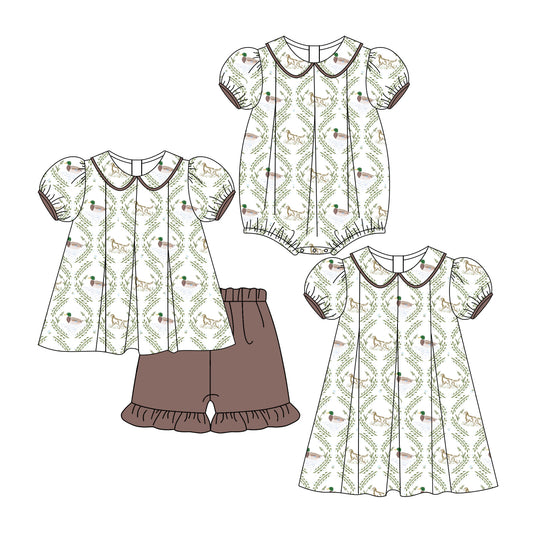 3.13 custom each style moq 5eta 4-6week Sibling Sisters duck baby girl short sleeve shorts sets and dress and rompers match family design