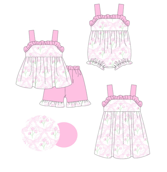 3.3 custom each style moq 5eta 4-6week Sibling Sister bow floral baby girl short sleeve shorts sets and dress and rompers match family design