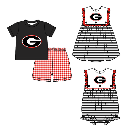 Custom moq 5 mix size milk silk summer teams Boy's Black Short-Sleeved Top And Shorts Set Girl's Sleeveless Striped Dress And Romper
