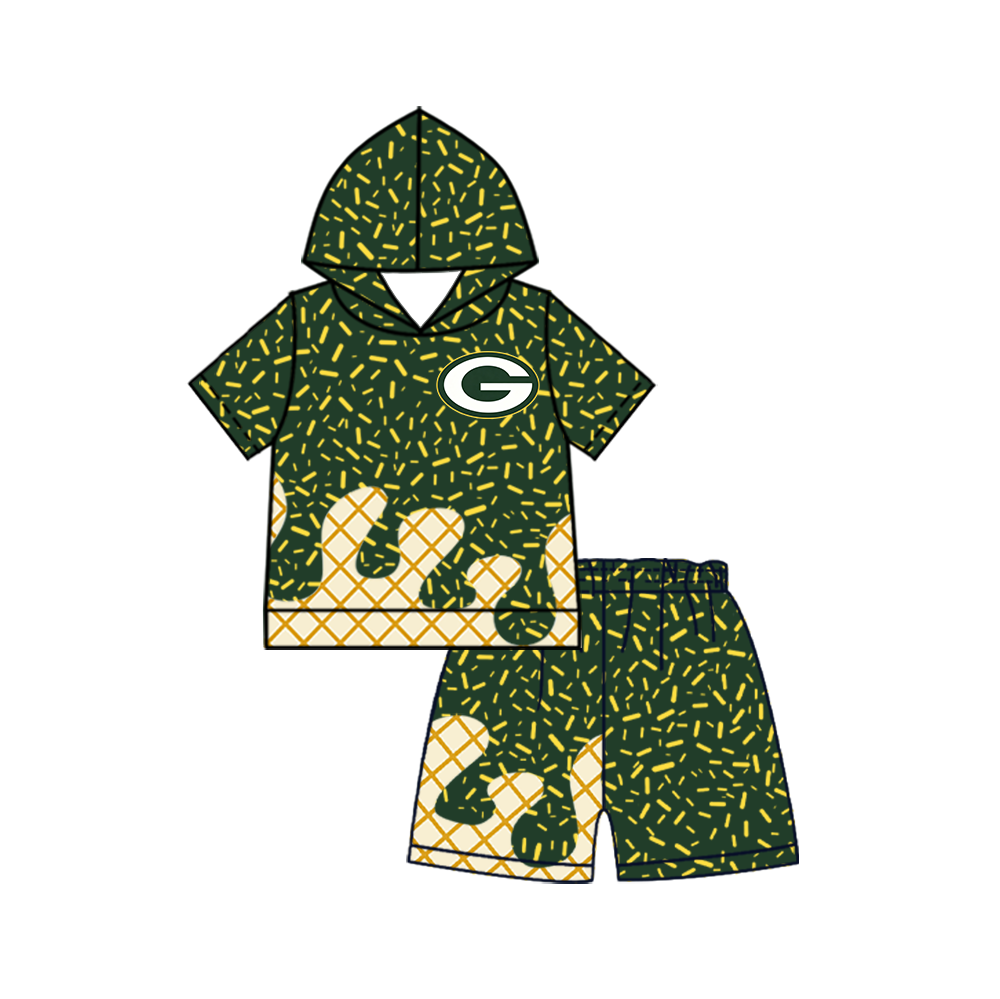 custom moq 5 mix size MSD072408 Baby Kids Sprinkles Drip Team Short Sleeve Hooded Top And Shorts Clothes Set