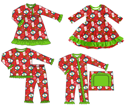 25.7.22 custom each style moq 5 eta 4-6week Sibling Sisters Christmas baby girl long sleeve pants sets and romper and dress 1 and dress 2 match family design