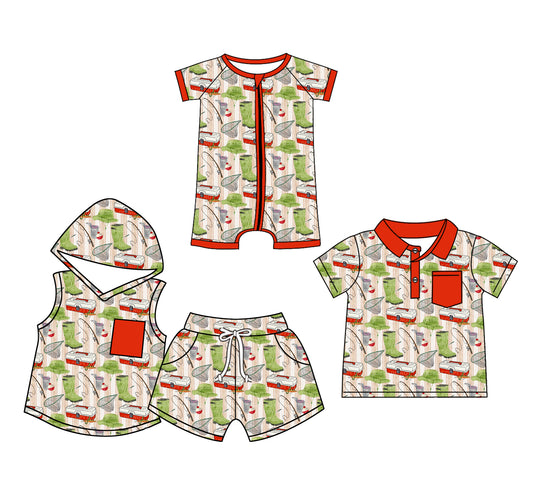 25.10.31 custom each style moq 5 eta 6-8 week Sibling Sister boot hat fishing baby boy hooded short sleeve shorts sets and boy rompers and top match family design