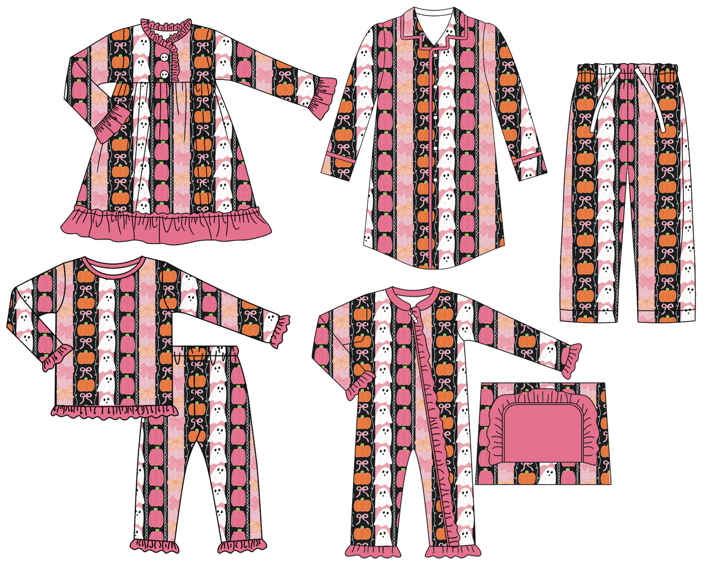 25.6.23 custom each style moq 5eta 4-6week Sibling Sisters ghost pumpkin baby girl long sleeve pants sets and adult top and adult pants and romper and dress match family design