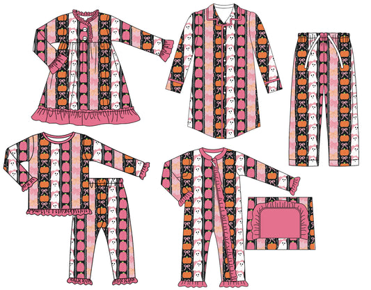 25.6.23 custom each style moq 5eta 4-6week Sibling Sisters ghost pumpkin baby girl long sleeve pants sets and adult top and adult pants and romper and dress match family design