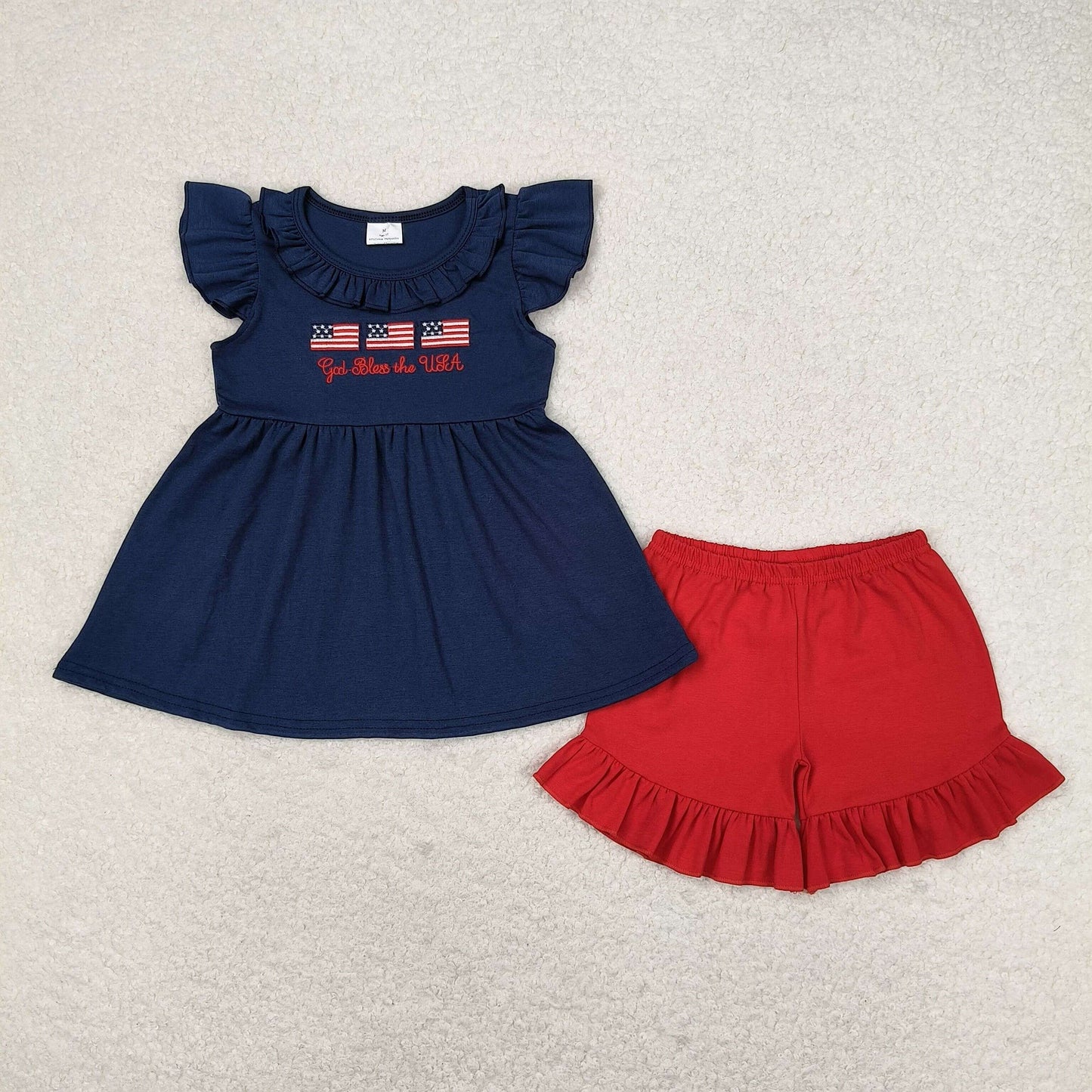 RTS NO MOQ（In Stock) god bless embroidered national flag navy blue lace flying sleeves red shorts suit