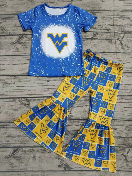 Custom moq 3 eta 6-7weeks Blue Polka Dot and Blue and Yellow Checkerboard Short Sleeve Flared Trousers Set