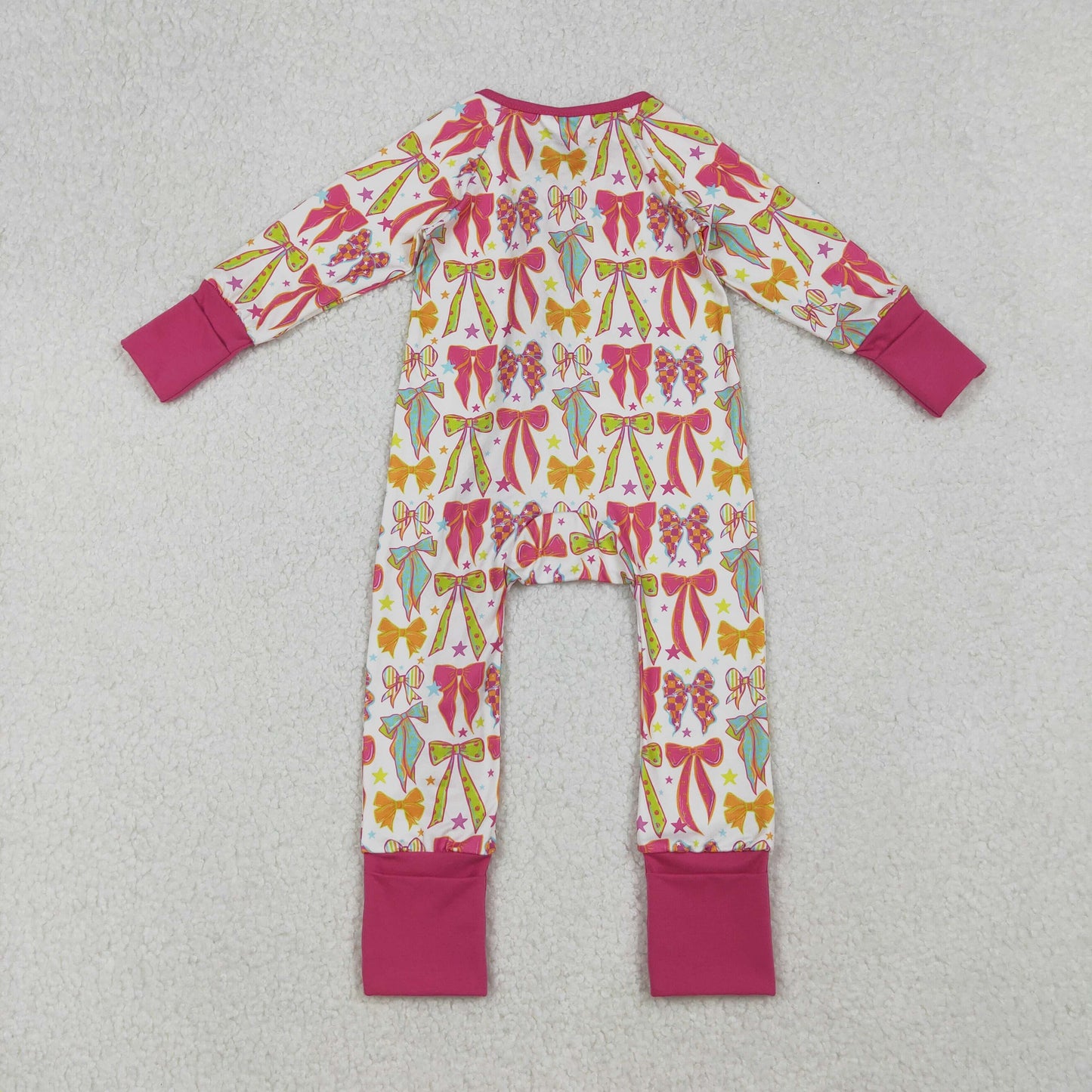 RTS NO MOQ（In Stock) LR2468 Bow Star Pattern Rose Red Zippered Long-Sleeved Bodysuit