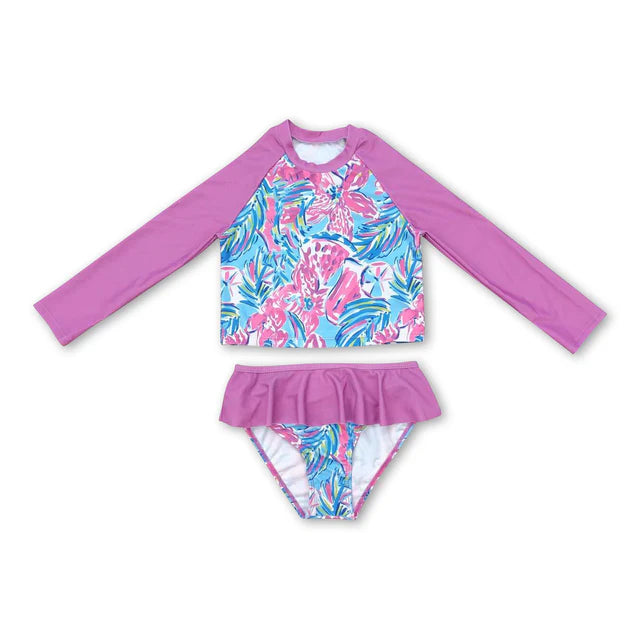 RTS NO MOQ Sibling Baby Girls Pink Flowers Long Sleeve Top Bummie Two Pieces Swimsuits