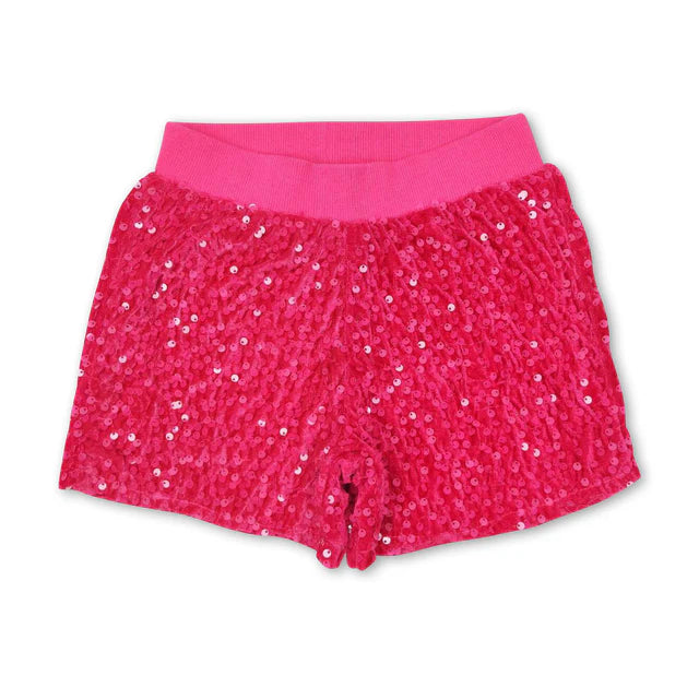 RTS NO MOQ Sibling Baby Girls Dark Pink Sequin Summer Shorts