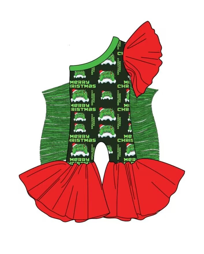 custom moq 5 eta 6-7weeks baby girls clothes Christmas green tassel red One shoulder Summer jumpsuit